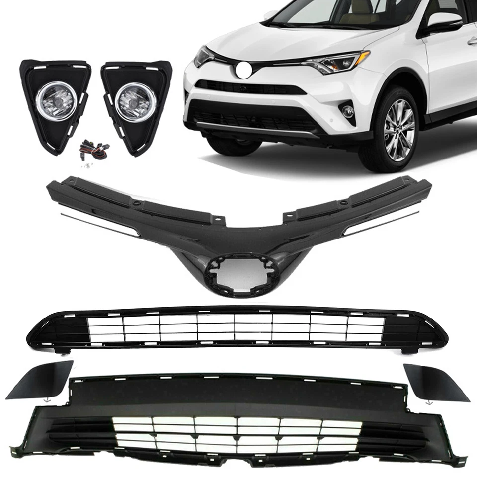 Front Upper Lower Grille Foglights Towing Cover Set For 2016-2018 17 Toyota RAV4 - Image 1 of 1