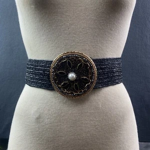 Vintage Clarmant Black Stretch Belt with Boho Rhinestone Buckle Black Golf Pearl - Bild 1 von 9