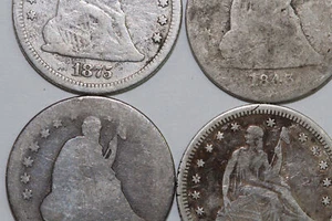 1843-? 1875-P 1877-? 1878-? Liberty Seated 90% Silver Quarter Fine, VG (NUM8138) - Picture 1 of 10