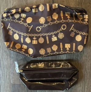 Estee Lauder Makeup Cosmetic Bags Brown Satin Gold Chain Print & Small Brown Bag - Picture 1 of 5