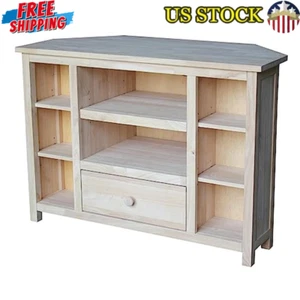 Solid Hardwood Corner TV Stand Entertainment Shelf Rectangular W/ Drawer Gray US - Picture 1 of 6