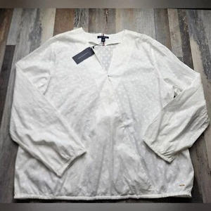 Tommy Hilfiger NEW White Blouse Women's XXL White Textured Fabric Polka Dots - Picture 1 of 9