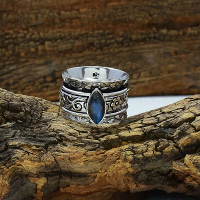 Fantastici Pietra Labradorite 925 Argento Sterling Spinner Artigianale Anello - Immagine 1 di 3