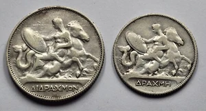 Greece 1910 - 1911 silver 1 and 2 drachma coins king George - Picture 1 of 2