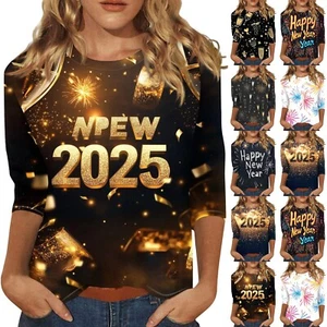 Women's Fashion Casual Three-quarter Sleeve New Year Printed Round Neck Top New - Picture 1 of 33