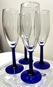 Set Of 4 Vintage Cobalt Blue Pillared Champagne Flutes, 8” Tall, Mimosa Wine - Picture 1 of 8