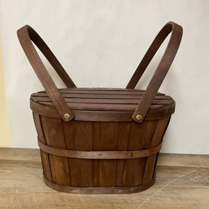 Large Oval Wood Basket w/ Wood Lid and Dual Handles Brown Sewing - Picture 1 of 9