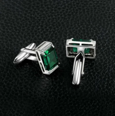 3CT Emerald Cut Lab Created Green Emerald Men's Cufflink 14K White Gold Plated Foto 1 de 4