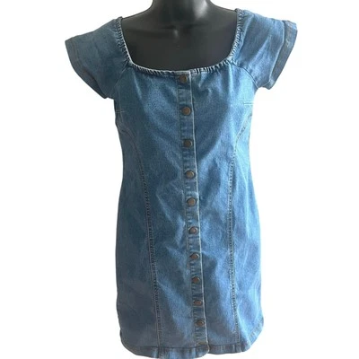 Mini Vestido Y2K Botón Delantero Manga M Elastizado Jean Bodycon Coqueta Suave Niña Foto 1 de 4