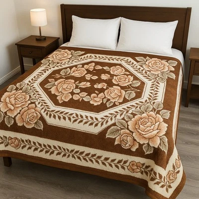 Vintage Russian Floral Rose Blanket 62"x80" Reversible Brown Cream Acrylic - Image 1 of 4