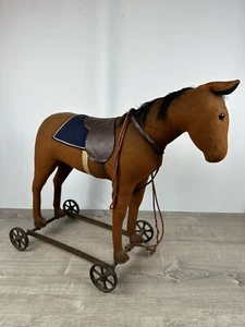 RARE ANTIQUE FELT STEIFF HORSE ON WHEELS STRAW STUFFED TOY SQUEAKER IN BELLY - Picture 1 of 13