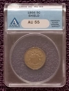 Escudo Níquel 1866, edición primer año, ANACS AU55 - Imagen 1 de 4