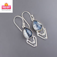 Natural Dendritic Opal Gemstone Earrings 925 Sterling Silver Jewelry 1.90"