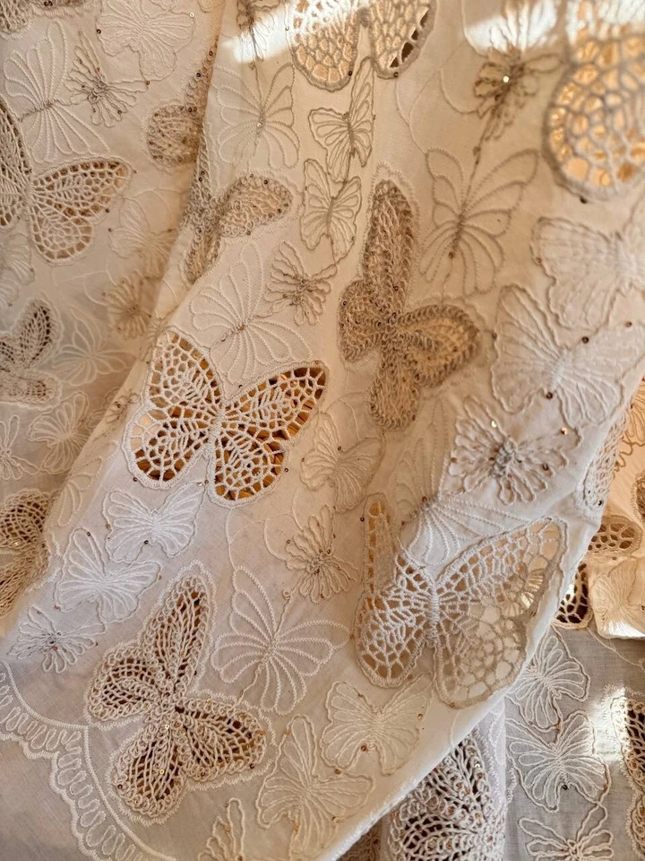 Cotton Fabric with Butterflies, Sequins, Eyelet Lace Beige Color Embroidered - Image 1 of 4