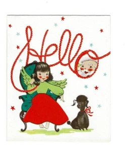 Cute Angel Girl Black Poodle On Phone With Santa Vintage Christmas Card! - Picture 1 of 3
