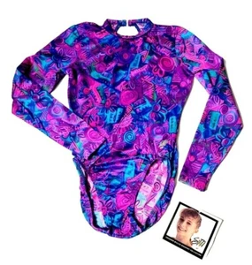 SM by GK Elite VTG 90s Pop Graffiti Keyhole High Neck Leotard LS Purple Adult XS - Picture 1 of 10