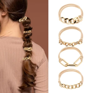 4 Pack Gold Hair Ties Beige Elastic Bracelet Hair Ties Gold Ponytail Holders Cut - Picture 1 of 12