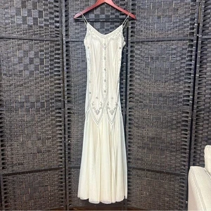 Vintage Laura Ryner beaded mesh dress size 1/2 off white thin strap cocktail - Picture 1 of 11