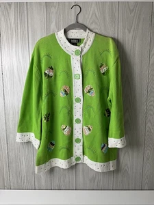 Women's 2XL Bobbie C Vintage Button-Up Cardigan GREEN W/ EGGS 3/4 Sleeve Easter - Picture 1 of 10