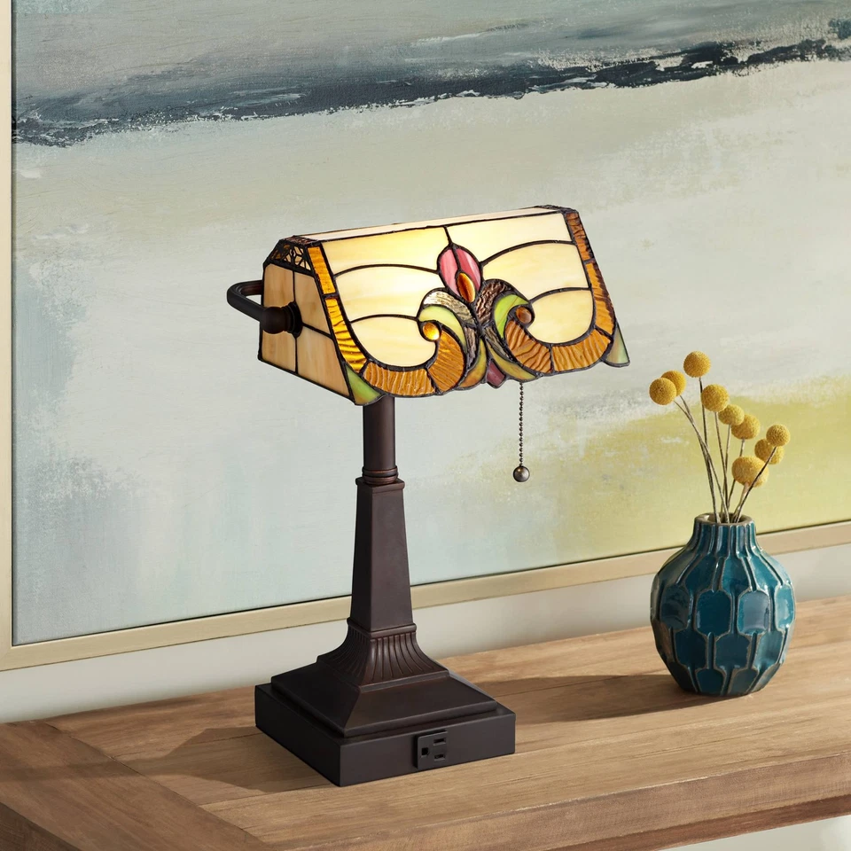Traditional Piano Banker Desk Table Lamp 17" Outlet Bronze Tiffany Glass Bedroom - Image 1 of 4