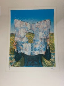 Vintage 1968 Antoine Malliarakis (Mayo) Mann mit Zeitung LITHOGRAPHIE KUNST SIGNIERT 89/90 - Bild 1 von 5