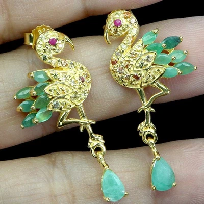 925 Orecchini Argento Sterling Pera Smeraldo 6x4mm Zaffiro Gemma Egret Gioielli - Immagine 1 di 4