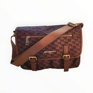 Karl Lagerfeld Crossbody Messenger Bag Fabric Paris Logo Brown Medium Foldover - Picture 1 of 16