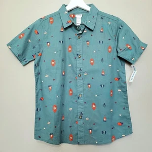 Carter's Green Camping Print Button Up Shirt Boys Size 14/14A Cotton New 2023 - Picture 1 of 10