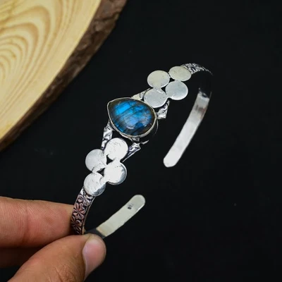 Labradorite 925 Sterling Silver Gemstone Handmade Jewelry Cuff Bangle Women Gift - Image 1 of 4