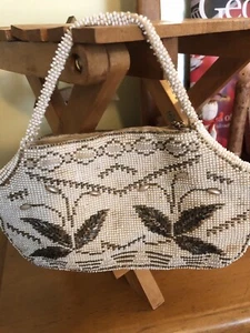 Vintage Seed Beaded Purse Czechoslovakia Ivory Art Deco, EVC, BIN - Picture 1 of 4