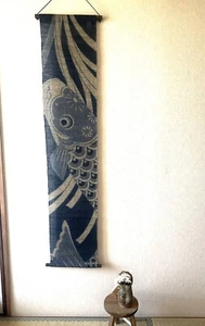 Kyoto Hangin scroll Kakejiku Tapestry Handpaint Carp Koi motif Navy Japan - Picture 1 of 6