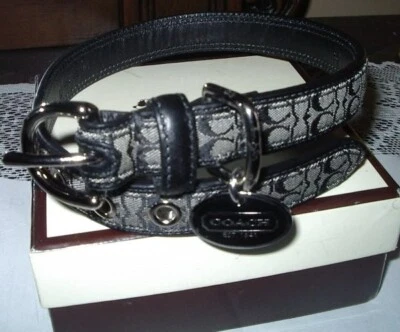 NEW COACH BLACK GRAY SIGNATURE Dog Collar OVAL ENGRAVEABLE CHARM  M MEDIUM - Image 1 of 4