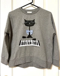 Kate Spade New York Girls Sweatshirt Sz 152/12Y, Grey Cat Plays Piano Keyboard - Picture 1 of 5