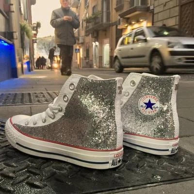 Converse all Star Bianche personalizzate con tessuto Glitter argento Clean stell - Immagine 1 di 3