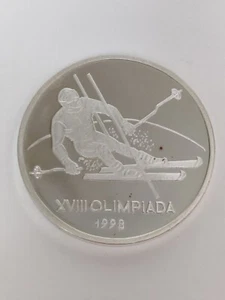 1998 ROMANIA 100 LEI STERLING SILVER COIN WINTER OLYMPICS SKIING - Picture 1 of 3