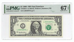 1999 $1 SAN FRANCISCO FRN. PMG Superb Gem Uncirculated 67 EPQ Banknote. - Picture 1 of 2