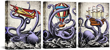 3 Pieces Rustic Funny Octopus Wall Art Abstract Purple Octopus with Plane Sailbo