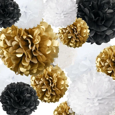 12PCs  Tissue Paper Pom Pom Gold Black White  Pompom Hanging Party Decor10") - Image 1 of 4