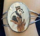 VINTAGE MOTHER OF PEARL SHELL HAND PAINTED PANDA BEAR Tree Export CUFF BRACELET