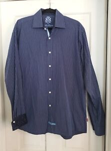 English Laundry Mens Shirt SIZE 17 36/37 Long Sleeve FLIP CUFF Striped Blue 