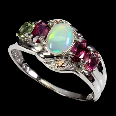 Anillo de plata de ley 925 ovalado ópalo de fuego 7x5 mm rodolita turmalina piedras preciosas 8 Foto 1 de 4