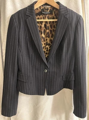 Dolce & Gabbana Pin Stripe Blazer Jacket Cropped Sz 46 It, Leopard Print Lining - Image 1 of 4
