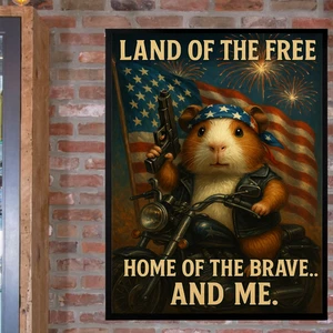 Land of the Free Home of the Brave Poster 18x24 Funny Guinea Pig Biker Art - Picture 1 of 4