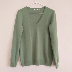 Uniqlo Maglione Pullover Donna L/M* Verde 100%Cashmere Scollo V Silenzioso Lusso - Foto 1 di 10