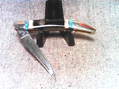 PROTOTYPE Pocket Knife Toothpick MOP/ Turquoise & Buffalo Horn Etched Blade, 3" - Image 1 of 4