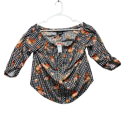 NUEVO CON ETIQUETAS JOE BOXER Mujer Hombro Descubierto Top Talla Juniors L Negro Guinga Floral Boho Foto 1 de 4