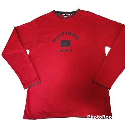 Tommy Hilfiger Jeans Para Hombres LG Manga Larga Rojo Logo Camiseta Años 90 Calle Vintage Y2K Foto 1 de 4