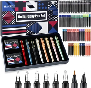 Calligraphy Pen Set Fountain Pens 8 Different Replaceable Nibs 60 Ink Cartridges - Picture 1 of 1