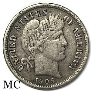 Moneda de diez centavos de barbero de plata San Francisco 1905-S en estado bastante bueno Full Liberty - Imagen 1 de 2