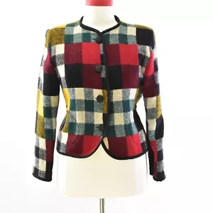 90s Plaid Collarless 4 Button Blazer Womens 12 Doncaster Wool Blend - Picture 1 of 5